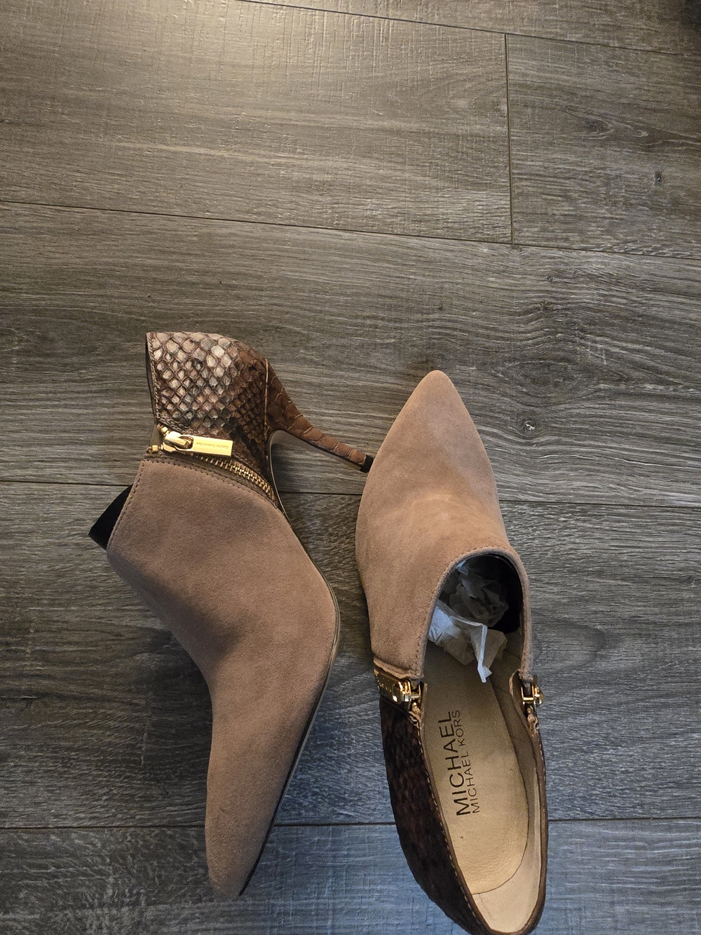 MICHAEL Michael Kors Taupe Suede Pointed Toe Ankle Booties with Textured Heel